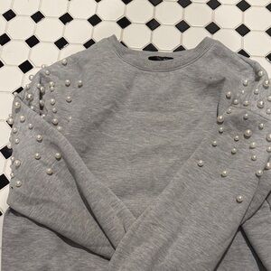 Aqua Gray Pearl Embellished Sweatshirt